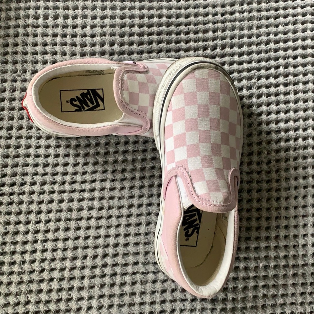 Pink and white checkered slip on Vans